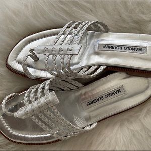 Authentic Manolo Blahnik Pearl White Flat Sandals 37.5